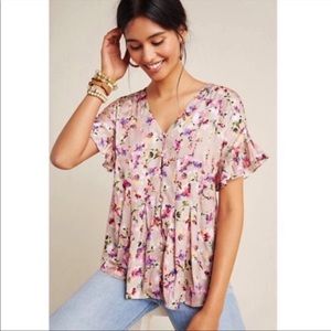 Dolan | Anthro Mitzi Pleated Floral Ruffle Blouse